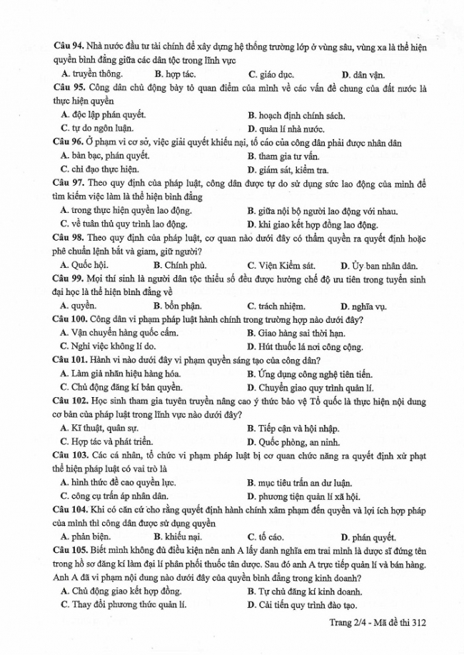 Đề và đáp án môn Công dân mã đề 312 thi THPTQG 2017 – đáp án của bộ GD-ĐT
