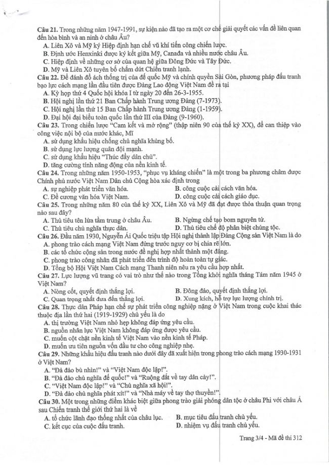 Đề và đáp án môn Sử mã đề 312 thi THPTQG 2017 – đáp án của bộ GD-ĐT