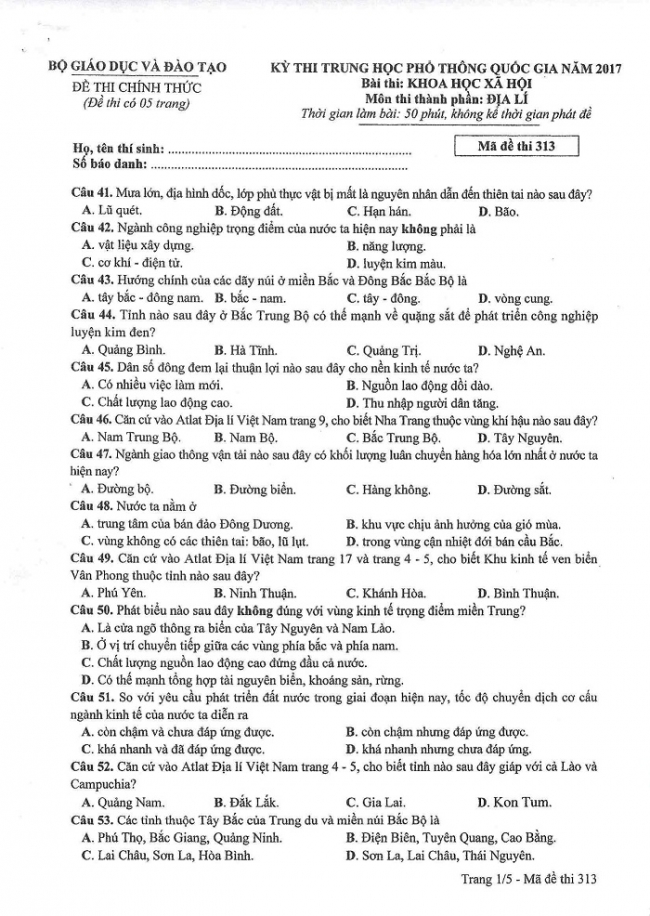 Đề và đáp án môn Địa mã đề 313 thi THPTQG 2017 – đáp án của bộ GD-ĐT