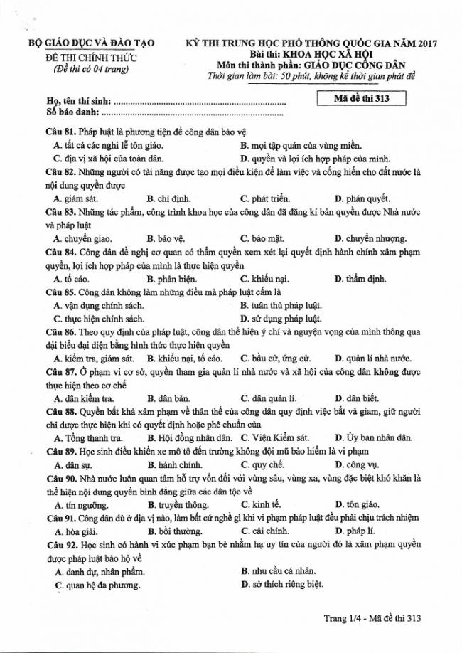 Đề và đáp án môn Công dân mã đề 313 thi THPTQG 2017 – đáp án của bộ GD-ĐT