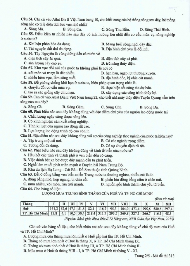 Đề và đáp án môn Địa mã đề 313 thi THPTQG 2017 – đáp án của bộ GD-ĐT