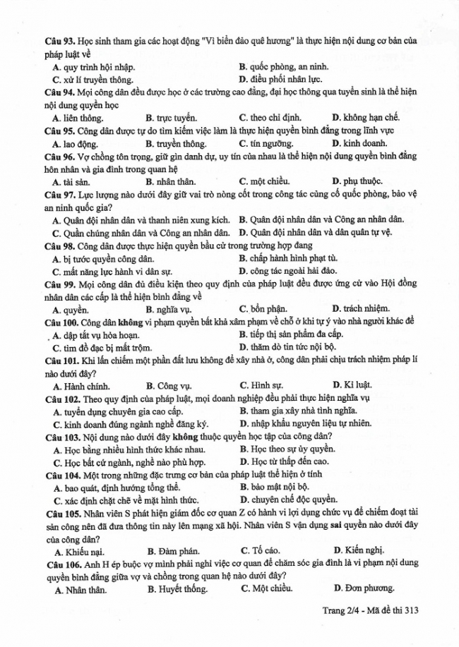 Đề và đáp án môn Công dân mã đề 313 thi THPTQG 2017 – đáp án của bộ GD-ĐT