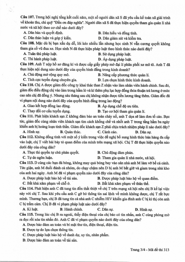 Đề và đáp án môn Công dân mã đề 313 thi THPTQG 2017 – đáp án của bộ GD-ĐT