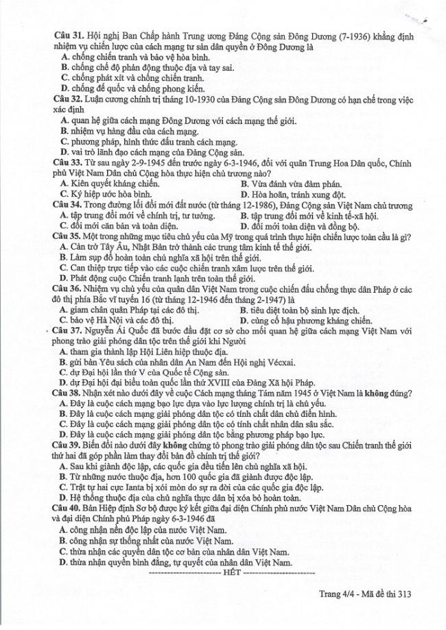Đề và đáp án môn Sử mã đề 313 thi THPTQG 2017 – đáp án của bộ GD-ĐT