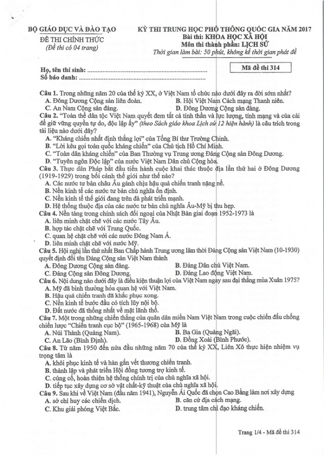 Đề và đáp án môn Sử mã đề 314 thi THPTQG 2017 – đáp án của bộ GD-ĐT