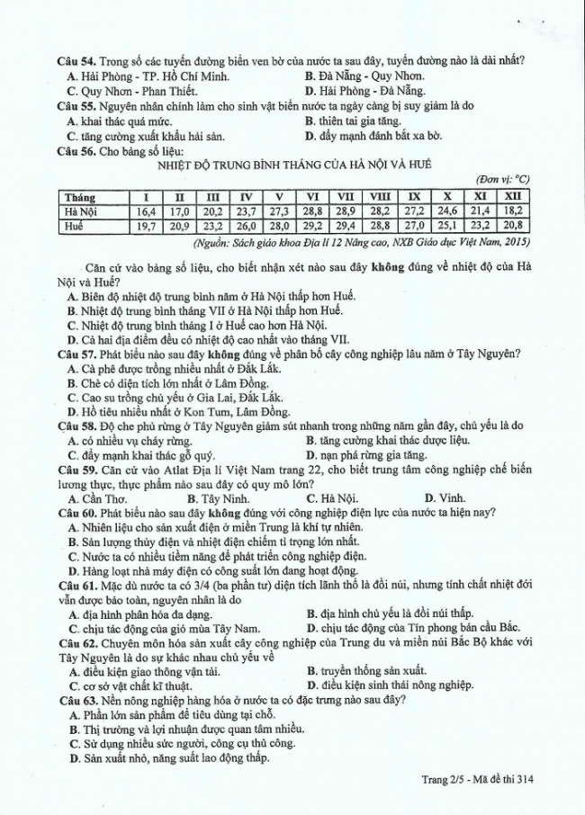 Đề và đáp án môn Địa mã đề 314 thi THPTQG 2017 – đáp án của bộ GD-ĐT