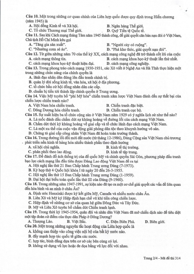 Đề và đáp án môn Sử mã đề 314 thi THPTQG 2017 – đáp án của bộ GD-ĐT