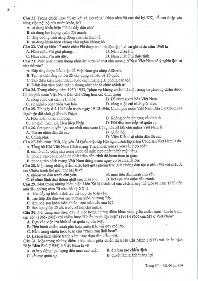 Đề và đáp án môn Sử mã đề 314 thi THPTQG 2017 – đáp án của bộ GD-ĐT