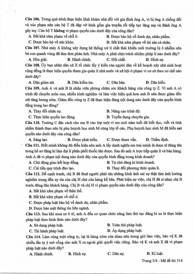 Đề và đáp án môn Công dân mã đề 314 thi THPTQG 2017 – đáp án của bộ GD-ĐT