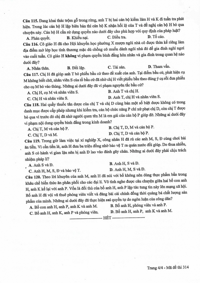 Đề và đáp án môn Công dân mã đề 314 thi THPTQG 2017 – đáp án của bộ GD-ĐT
