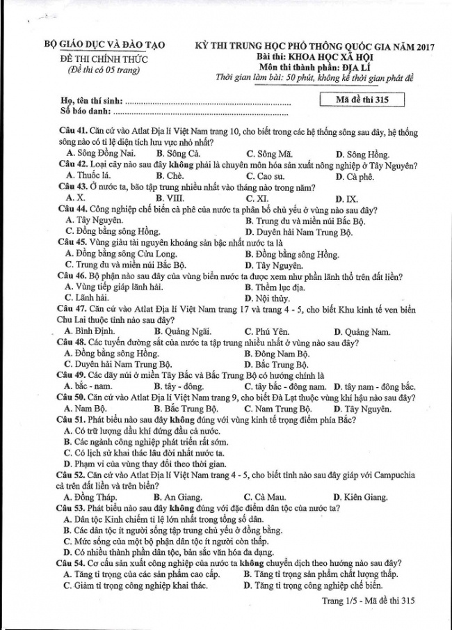 Đề và đáp án môn Địa mã đề 315 thi THPTQG 2017 – đáp án của bộ GD-ĐT