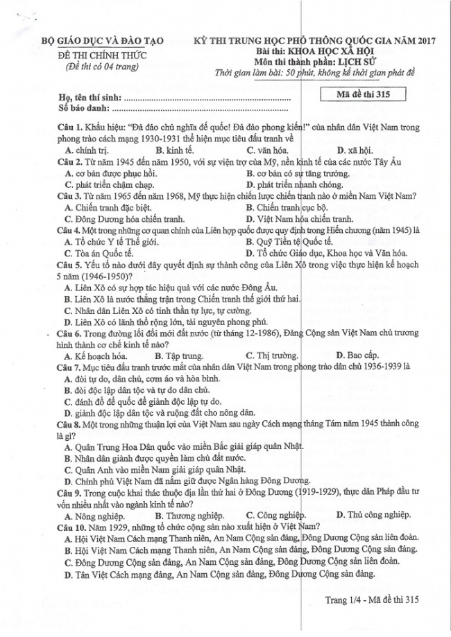 Đề và đáp án môn Sử mã đề 315 thi THPTQG 2017 – đáp án của bộ GD-ĐT