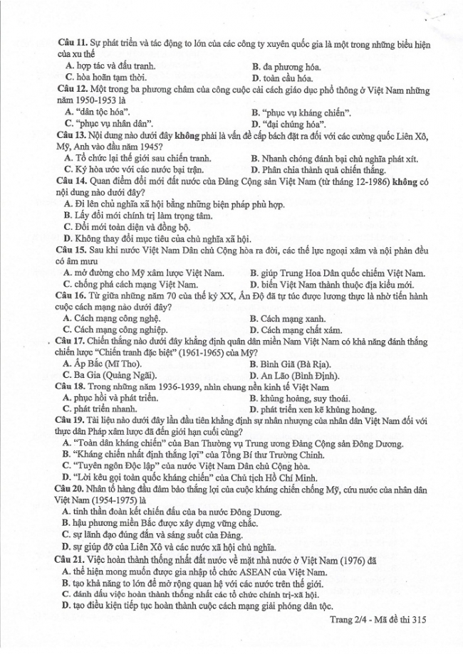 Đề và đáp án môn Sử mã đề 315 thi THPTQG 2017 – đáp án của bộ GD-ĐT