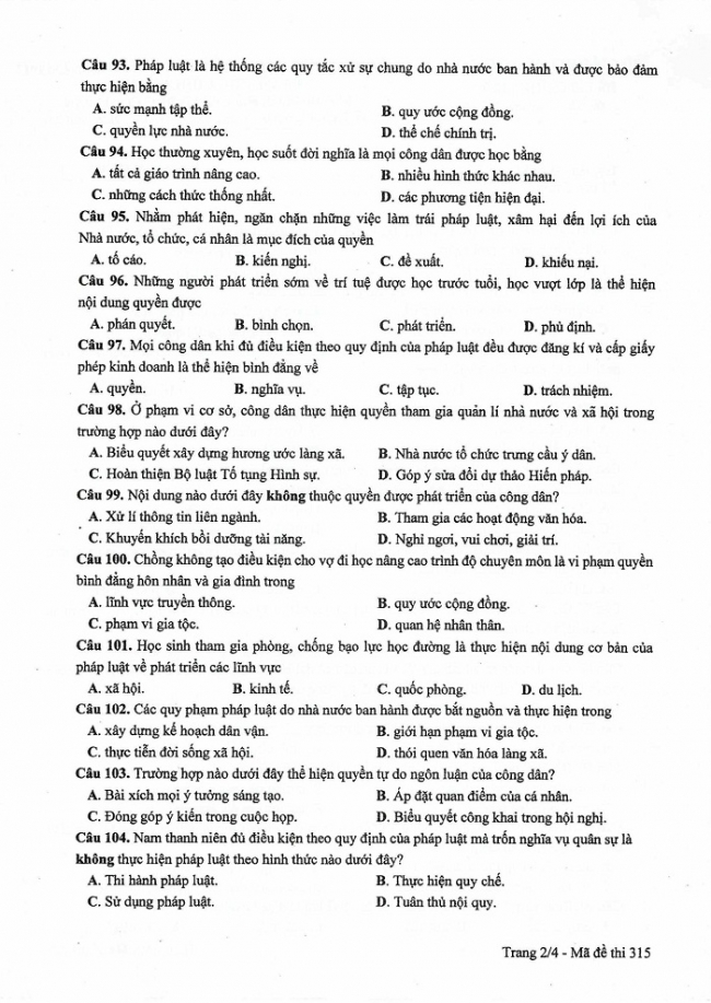 Đề và đáp án môn Công dân mã đề 315 thi THPTQG 2017 – đáp án của bộ GD-ĐT