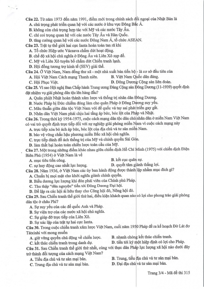 Đề và đáp án môn Sử mã đề 315 thi THPTQG 2017 – đáp án của bộ GD-ĐT