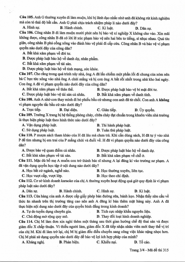 Đề và đáp án môn Công dân mã đề 315 thi THPTQG 2017 – đáp án của bộ GD-ĐT