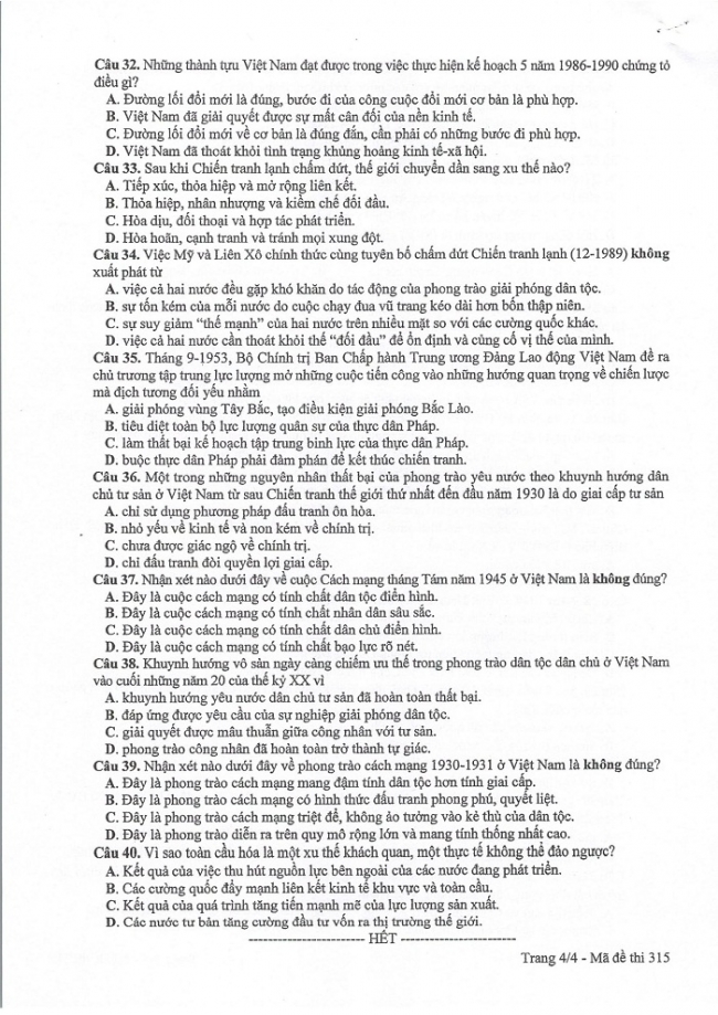 Đề và đáp án môn Sử mã đề 315 thi THPTQG 2017 – đáp án của bộ GD-ĐT