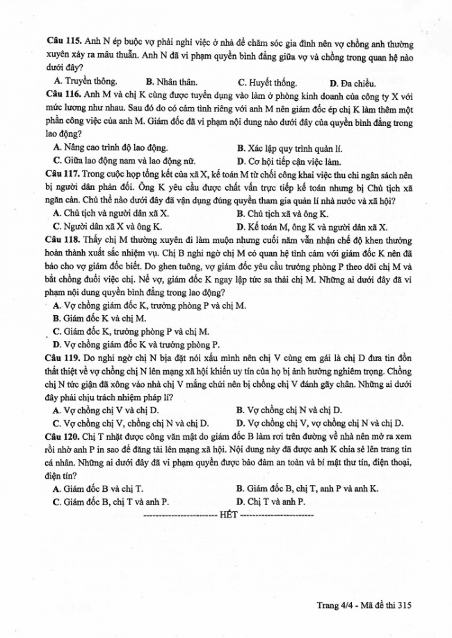Đề và đáp án môn Công dân mã đề 315 thi THPTQG 2017 – đáp án của bộ GD-ĐT