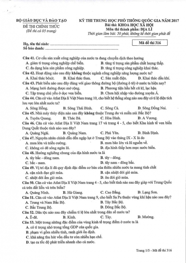 Đề và đáp án môn Địa mã đề 316 thi THPTQG 2017 – đáp án của bộ GD-ĐT