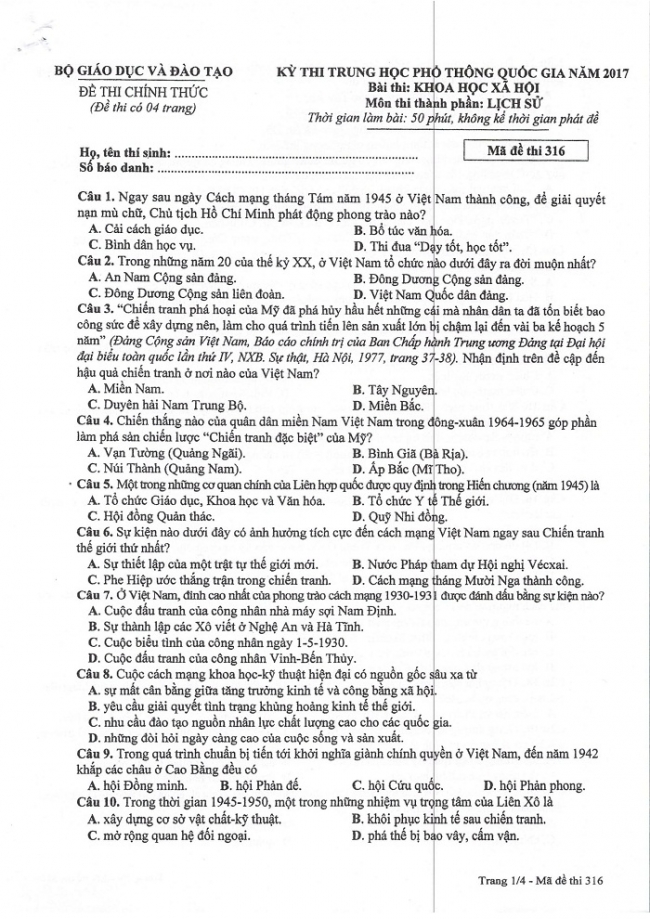 Đề và đáp án môn Sử mã đề 316 thi THPTQG 2017 – đáp án của bộ GD-ĐT