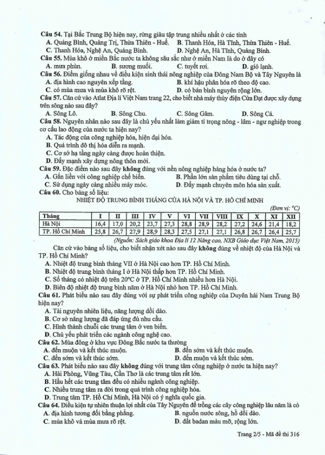 Đề và đáp án môn Địa mã đề 316 thi THPTQG 2017 – đáp án của bộ GD-ĐT