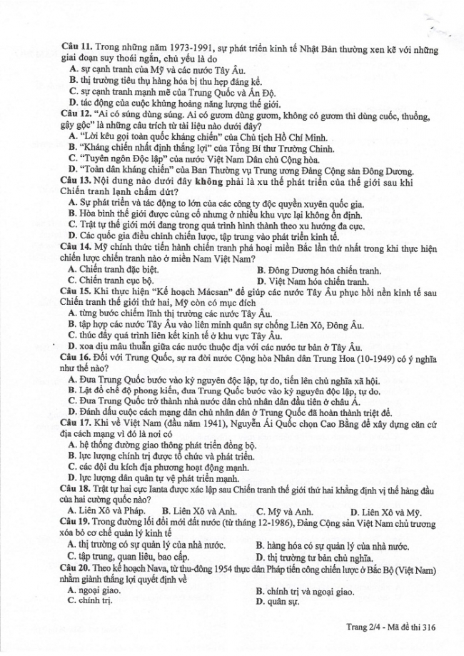 Đề và đáp án môn Sử mã đề 316 thi THPTQG 2017 – đáp án của bộ GD-ĐT