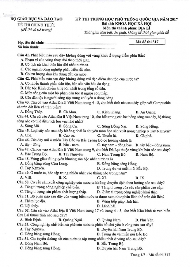 Đề và đáp án môn Địa mã đề 317 thi THPTQG 2017 – đáp án của bộ GD-ĐT