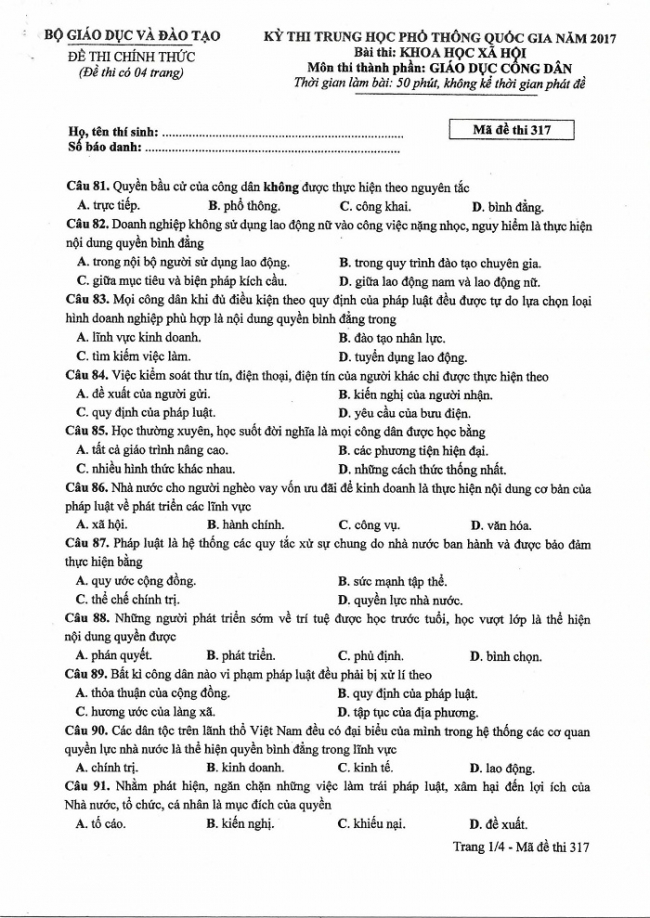 Đề và đáp án môn Công dân mã đề 317 thi THPTQG 2017 – đáp án của bộ GD-ĐT