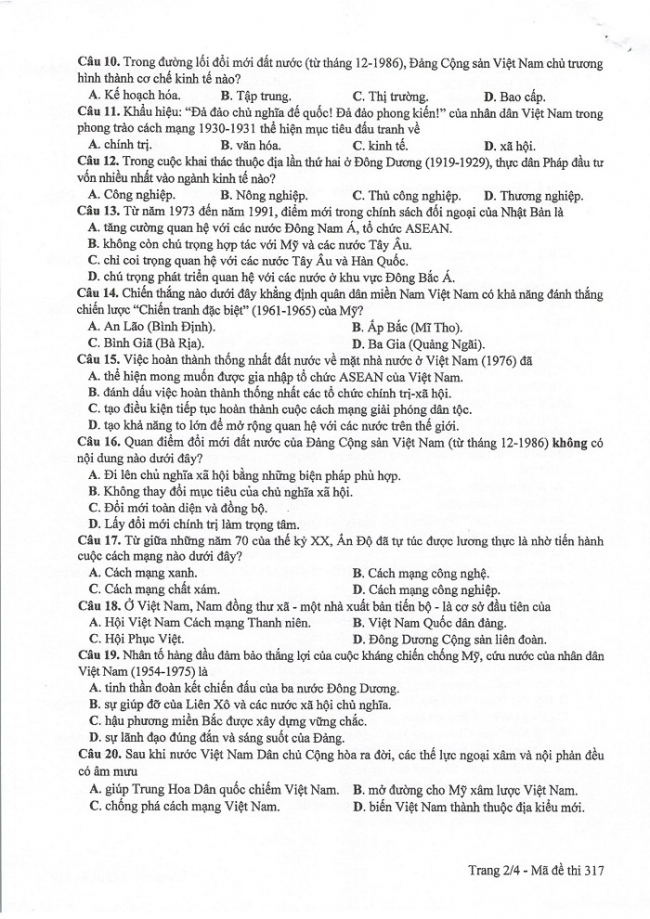 Đề và đáp án môn Sử mã đề 317 thi THPTQG 2017 – đáp án của bộ GD-ĐT