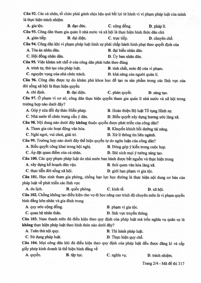Đề và đáp án môn Công dân mã đề 317 thi THPTQG 2017 – đáp án của bộ GD-ĐT