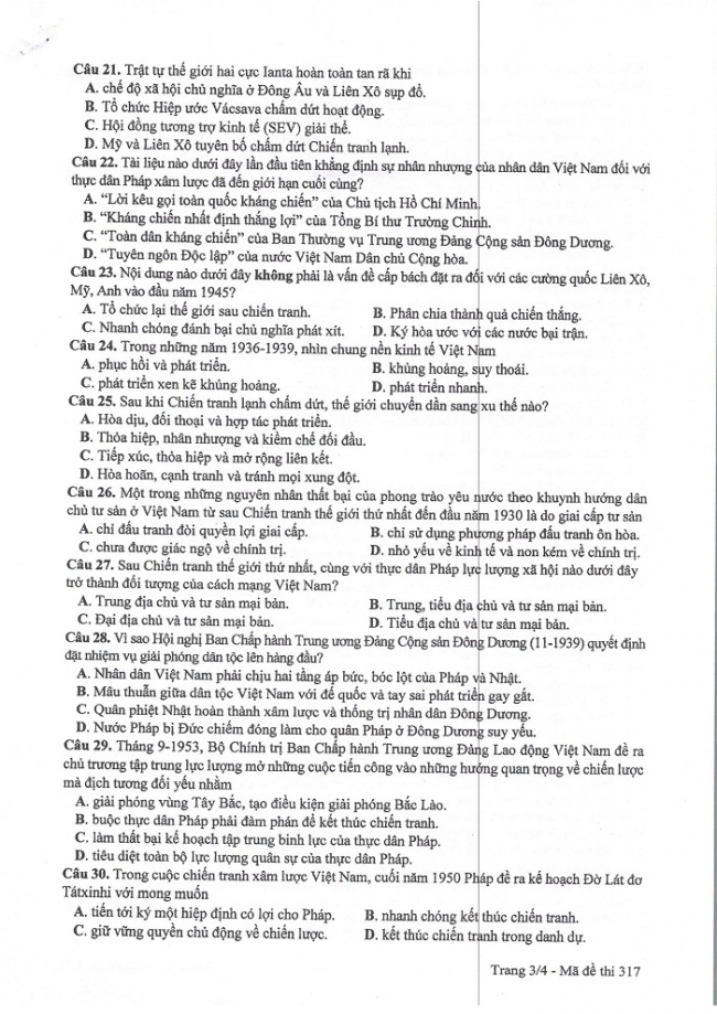 Đề và đáp án môn Sử mã đề 317 thi THPTQG 2017 – đáp án của bộ GD-ĐT