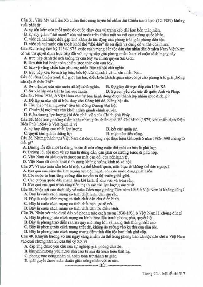 Đề và đáp án môn Sử mã đề 317 thi THPTQG 2017 – đáp án của bộ GD-ĐT