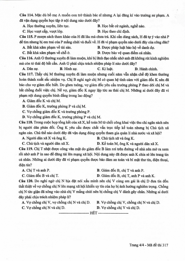 Đề và đáp án môn Công dân mã đề 317 thi THPTQG 2017 – đáp án của bộ GD-ĐT