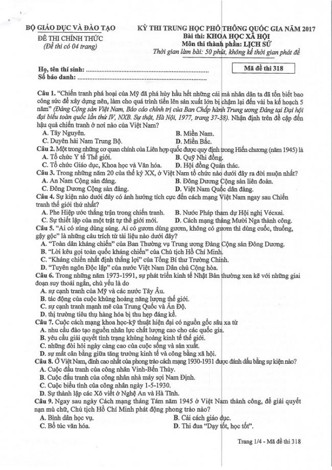 Đề và đáp án môn Sử mã đề 318 thi THPTQG 2017 – đáp án của bộ GD-ĐT