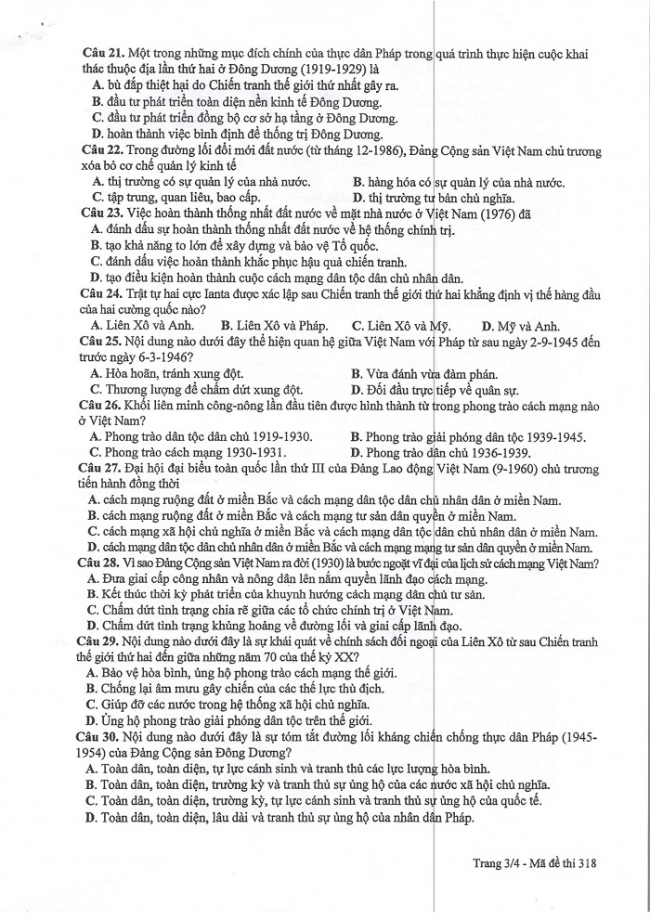 Đề và đáp án môn Sử mã đề 318 thi THPTQG 2017 – đáp án của bộ GD-ĐT