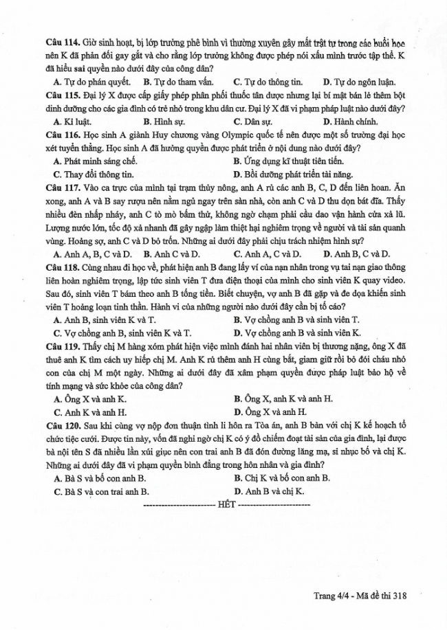 Đề và đáp án môn Công dân mã đề 318 thi THPTQG 2017 – đáp án của bộ GD-ĐT