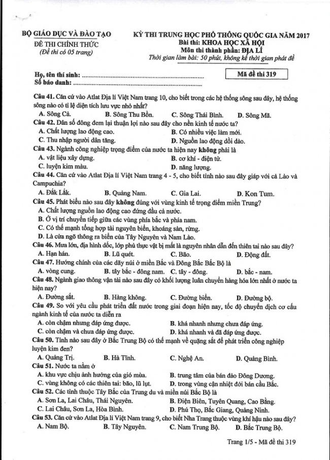 Đề và đáp án môn Địa mã đề 319 thi THPTQG 2017 – đáp án của bộ GD-ĐT
