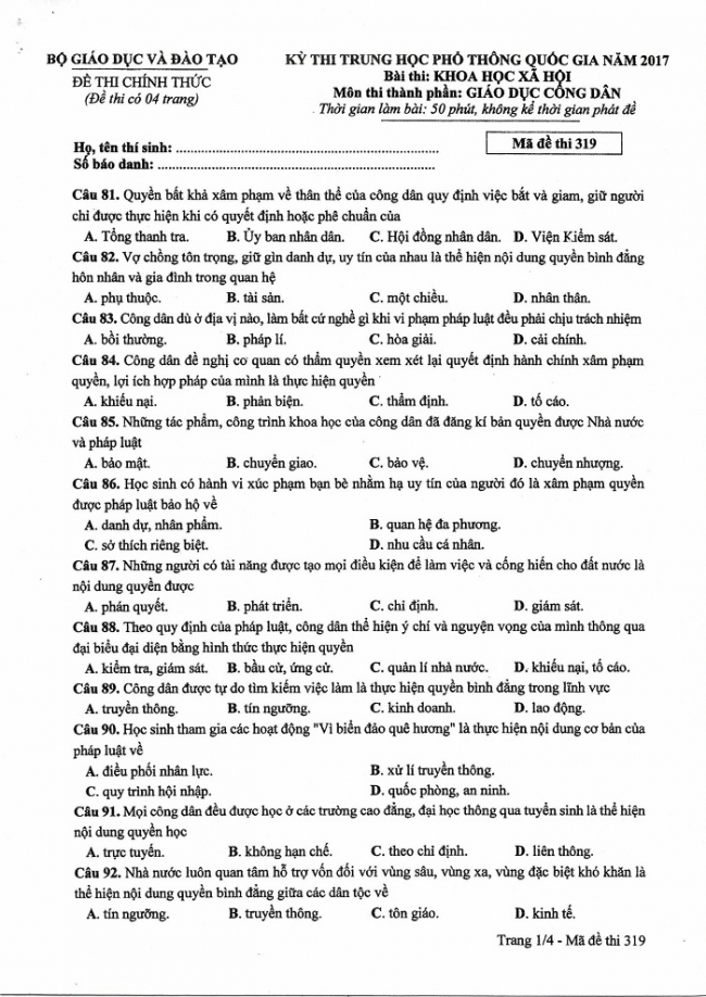 Đề và đáp án môn Công dân mã đề 319 thi THPTQG 2017 – đáp án của bộ GD-ĐT