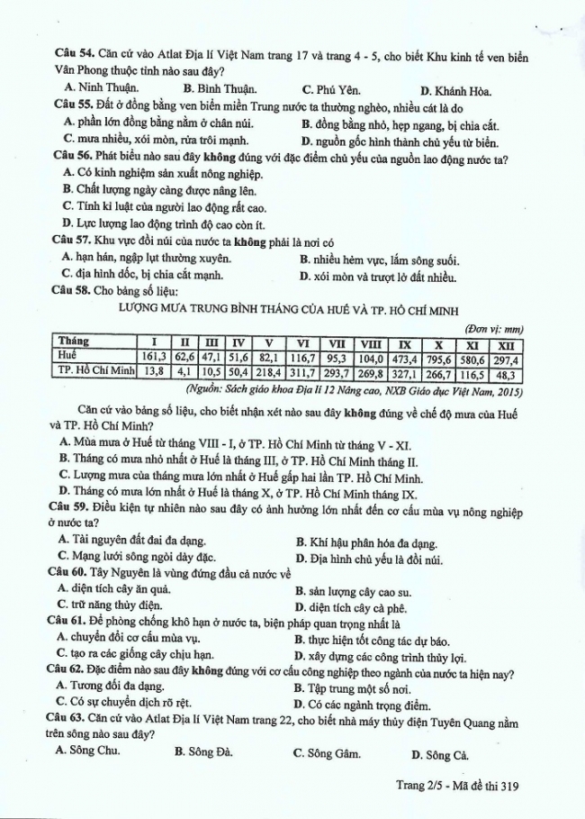 Đề và đáp án môn Địa mã đề 319 thi THPTQG 2017 – đáp án của bộ GD-ĐT