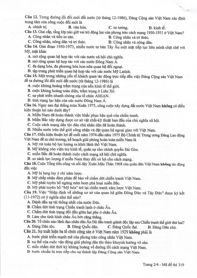 Đề và đáp án môn Sử mã đề 319 thi THPTQG 2017 – đáp án của bộ GD-ĐT