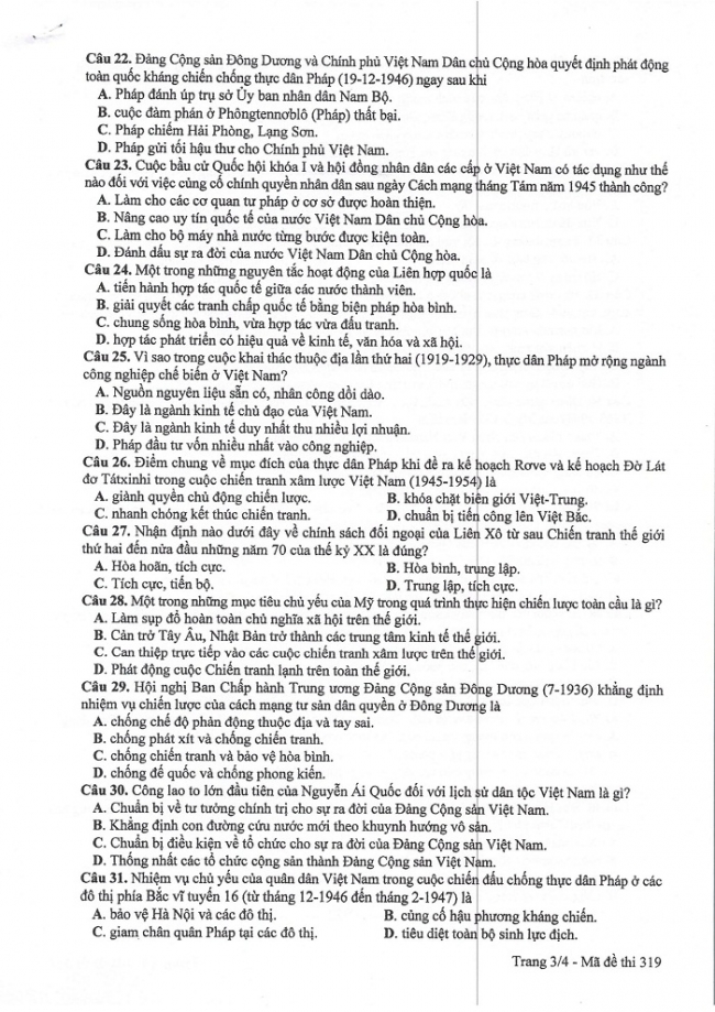 Đề và đáp án môn Sử mã đề 319 thi THPTQG 2017 – đáp án của bộ GD-ĐT