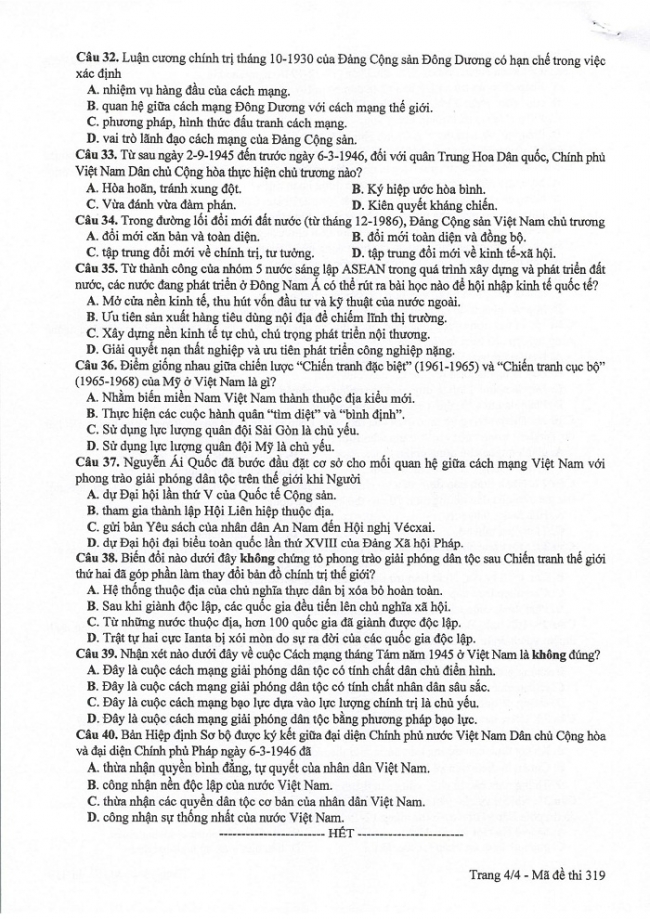 Đề và đáp án môn Sử mã đề 319 thi THPTQG 2017 – đáp án của bộ GD-ĐT