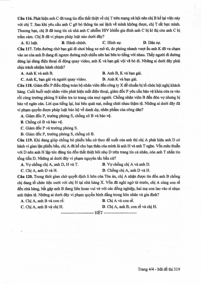 Đề và đáp án môn Công dân mã đề 319 thi THPTQG 2017 – đáp án của bộ GD-ĐT