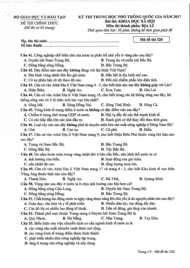 Đề và đáp án môn Địa mã đề 320 thi THPTQG 2017 – đáp án của bộ GD-ĐT