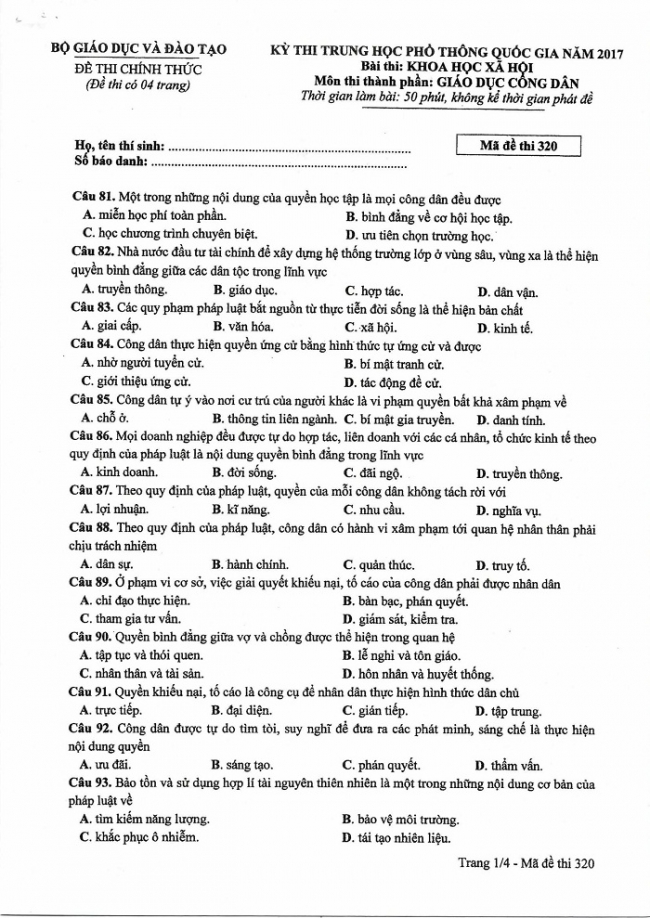 Đề và đáp án môn Công dân mã đề 320 thi THPTQG 2017 – đáp án của bộ GD-ĐT