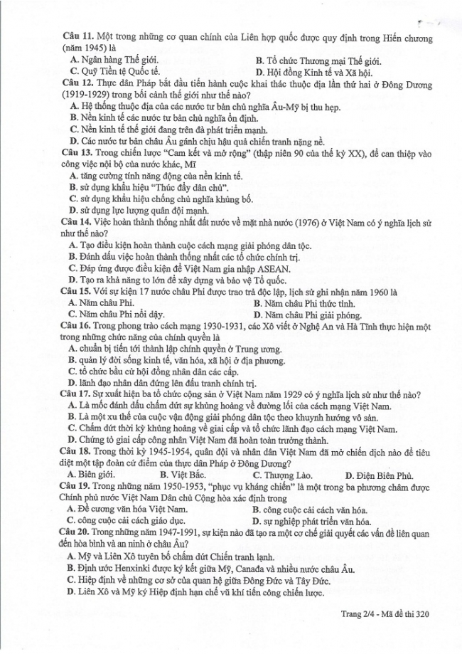 Đề và đáp án môn Sử mã đề 320 thi THPTQG 2017 – đáp án của bộ GD-ĐT