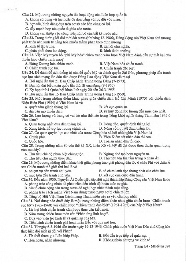 Đề và đáp án môn Sử mã đề 320 thi THPTQG 2017 – đáp án của bộ GD-ĐT
