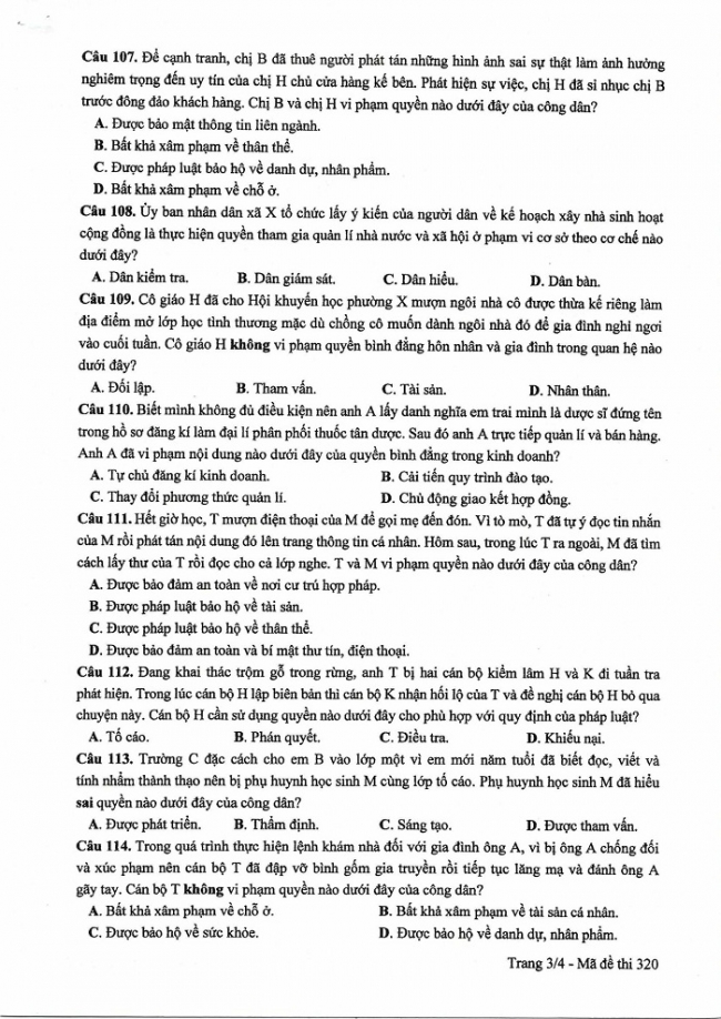 Đề và đáp án môn Công dân mã đề 320 thi THPTQG 2017 – đáp án của bộ GD-ĐT