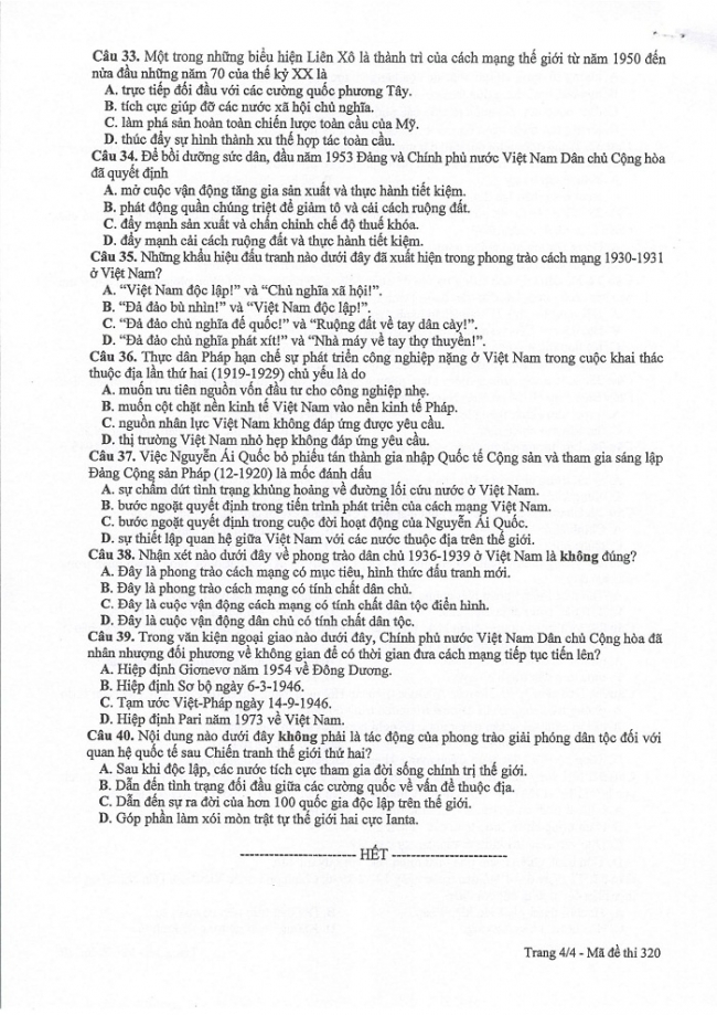 Đề và đáp án môn Sử mã đề 320 thi THPTQG 2017 – đáp án của bộ GD-ĐT