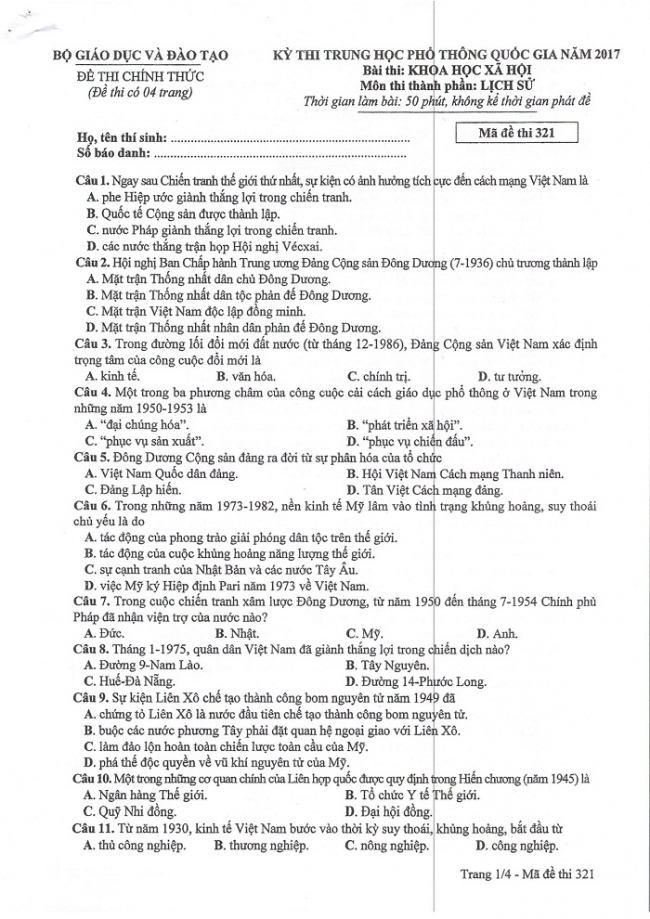 Đề và đáp án môn Sử mã đề 321 thi THPTQG 2017 – đáp án của bộ GD-ĐT